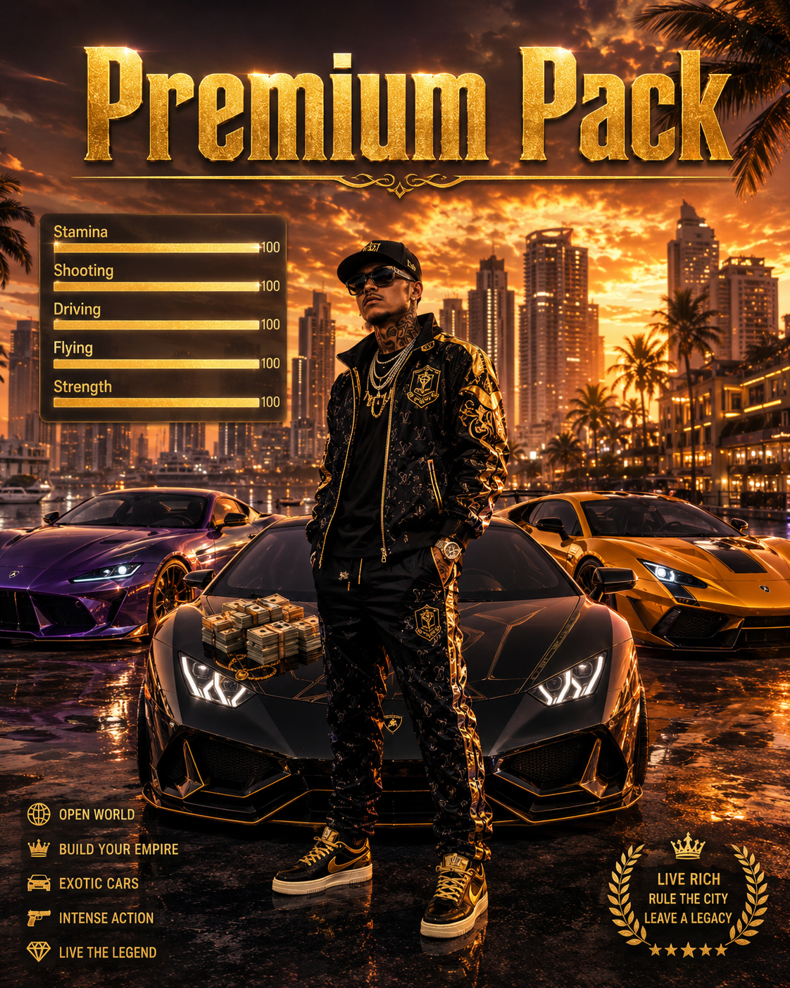 GTA Premium Pack – Modded Outfits, Cars, Cash & Max Stats